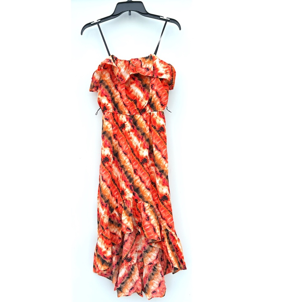 Vibrant Orange, Red Strapless Ruffle High-low Dress - Vintage Y2K